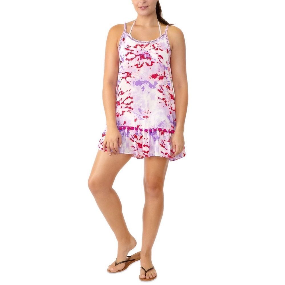 Miken Purple Tie-Dye Juniors Printed Tiered Pom-Pom Swim Cover-Up Small Nwt